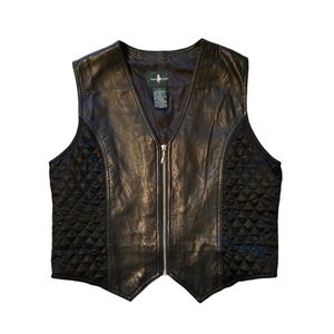 HUNT CLUB Black Leather Quilted Zip Up Vest Hunting Biker Horse Size 12 Unisex